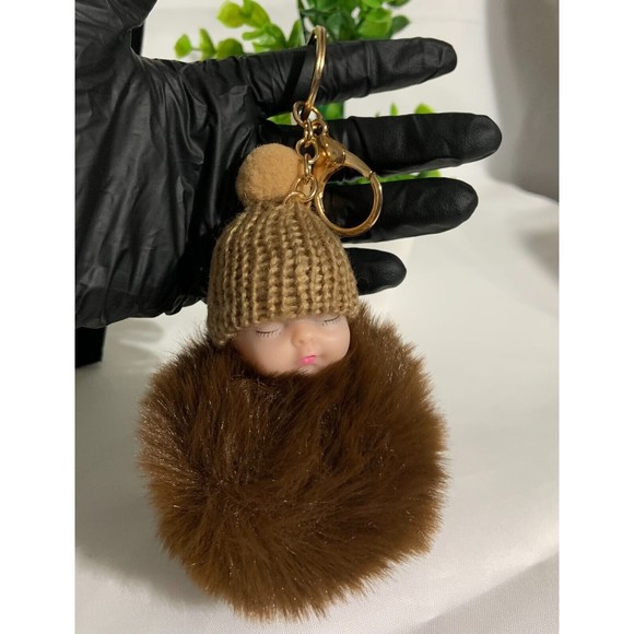 Cute Sleeping Baby  Fur Ball Hat Plush Doll Pendent Unisex Key Chain - Picture 6 of 8